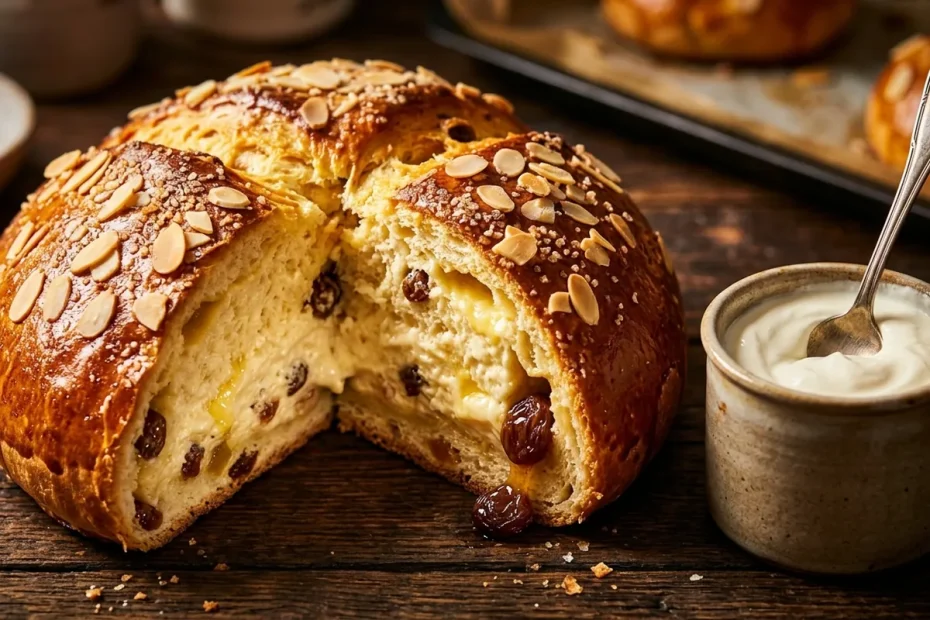 Tradiční český velikonoční mazanec, sladký kynutý chléb s rozinkami a mandlemi. Perfektní na snídani nebo odpolední kávu, každý rok lidé přidávají vlastní tajný trik.